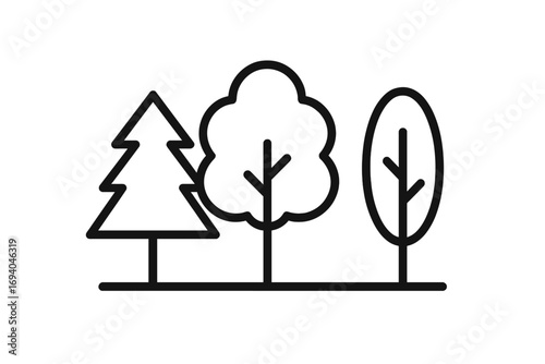 Thin line trees icon set with pine, deciduous, and oval shapes isolated on transparent background. Forest nature vector illustration for web, apps, books, cards design