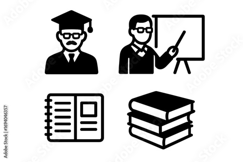 University education icon set with professor, teacher presenting on board, notebook and stacked books symbols for academic, learning, study, knowledge concepts