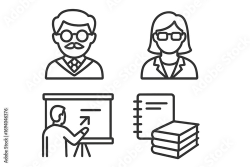 University related simple icon set including professor, teacher, presentation board with growth arrow, notebook, and stacked books for education infographics and banners