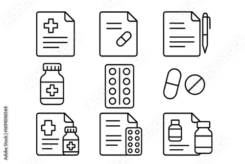 Medical prescription icons collection with editable stroke, vector cartoons of pills, tablets, medicine bottles, prescription papers, and pen, ideal for web, book, card, and app design