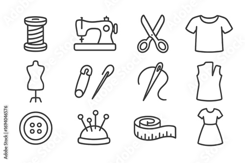 Sewing and garment icons set in outline style, tailoring tools and clothing symbols for design, apps, social networks, vector cartoon illustration, transparent background