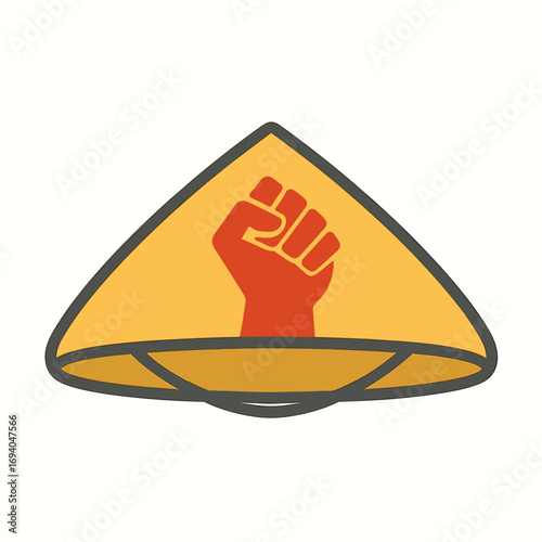 Asian conical hat with raised fist, revolution, protest, activism