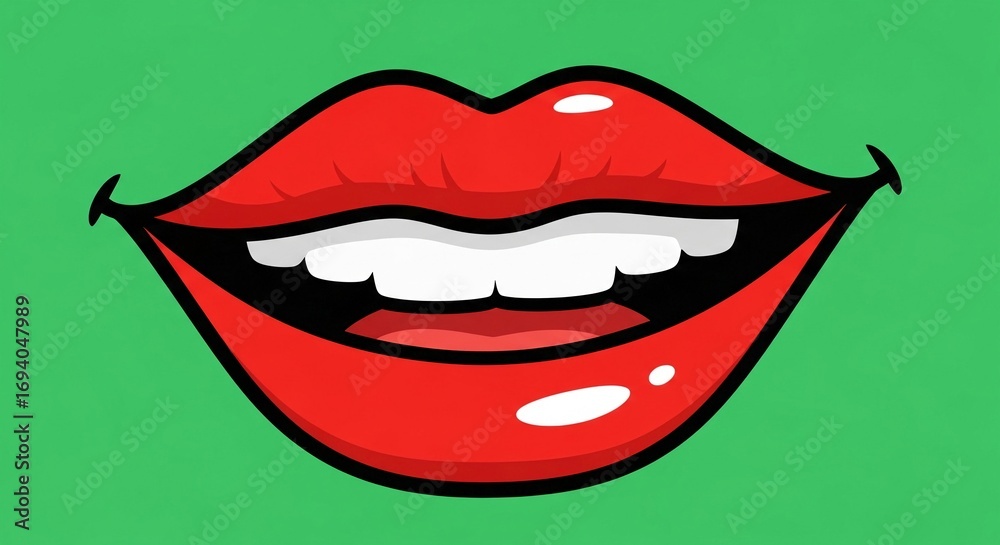 Obraz premium Cartoon Wide Smile with Red Lips and White Teeth on Green Background