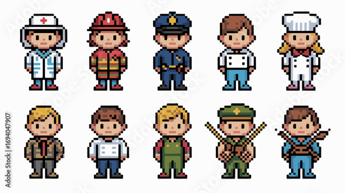 Pixel art characters of professionals in various uniforms and roles