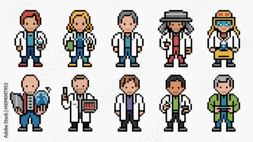 Pixel art characters of diverse professionals in work attire for creative projects