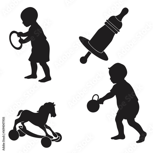 Baby toddler silhouettes with toys child playing