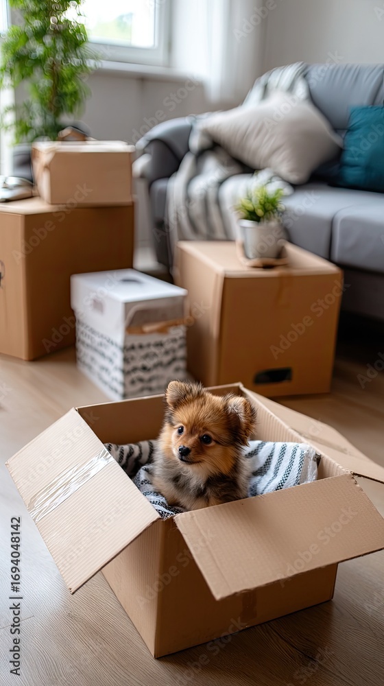 Fototapeta premium Small dog relaxing in a cardboard box among moving boxes in a cozy living room filled with natural light