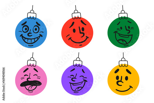 Funny Christmas ornaments with cartoon faces. Colorful vector baubles with emotions for festive decoration, holiday design, sticker and greeting card.