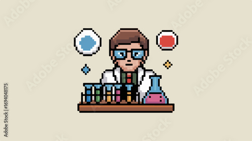 Pixel Art Scientist Conducting Experiments