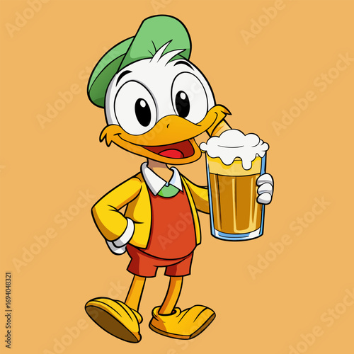 duck smiles while holding a large mug of frothy beer