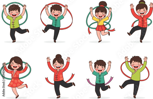 Joyful Chinese Children Jumping with Ribbons in Traditional Festival Costumes Celebrating Culture, Happiness, Diversity, and Heritage on White Background