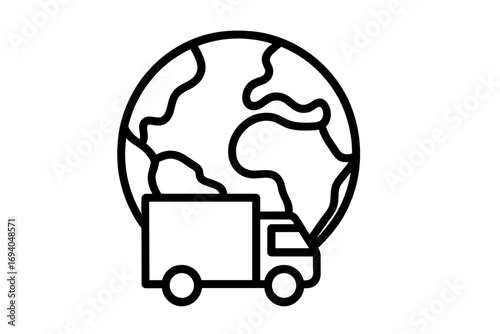 Minimalistic thin line planet Earth with delivery truck icon, global shipping and logistics symbol, worldwide transportation concept for web, apps, banners, and social media design vector
