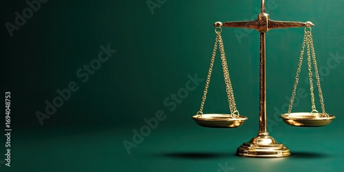 Gold-toned balance scales on a dark green background