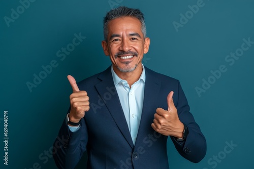Man in a suit smiling and giving two thumbs up against a solid blue background in a studio shot