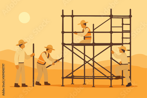 Construction workers building scaffolding in desert landscape