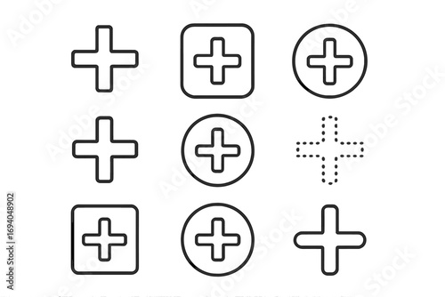 Plus sign line icon pack with outlined medical, hospital, add, and cross symbols for graphic design, web apps, digital interfaces, adverts, and various cards, vector illustration