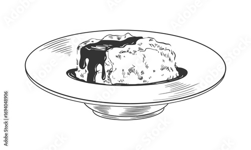 Mashed potatoes with gravy in a bowl in sketch style. Black and white engraved illustration of thanksgiving dish