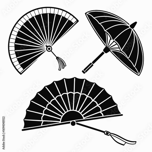 Black japanese fans and umbrella folding fan white