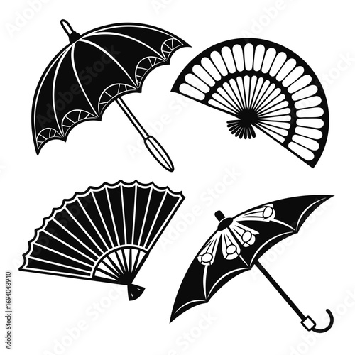 Black japanese fans and umbrellas folding fan