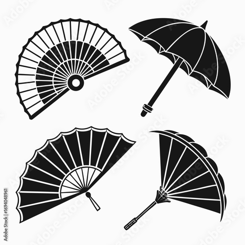 Black japanese fans and umbrellas folding umbrella