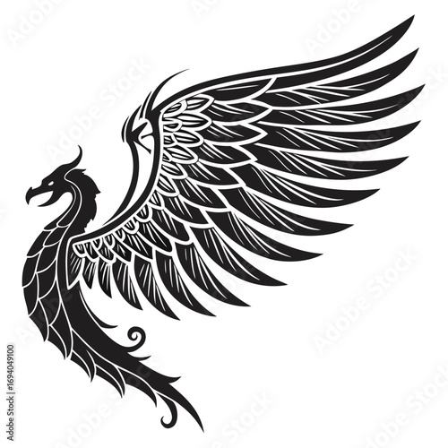 Black mythical bird with spread wings fantasy heraldic