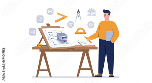 Architect working on a blueprint with drafting tools and design elements.