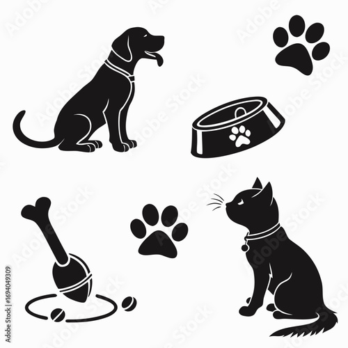 Black pet icons dog cat bone paw print food bowl vector