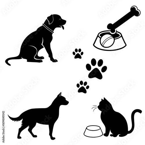 Black pet silhouettes dog cat paw prints bone bowl