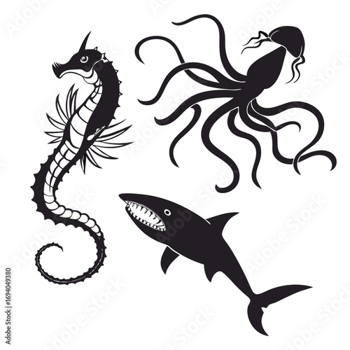Black sea creatures silhouettes seahorse shark