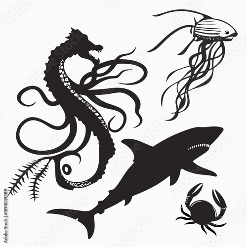 Black sea creatures silhouettes seahorse jellyfish