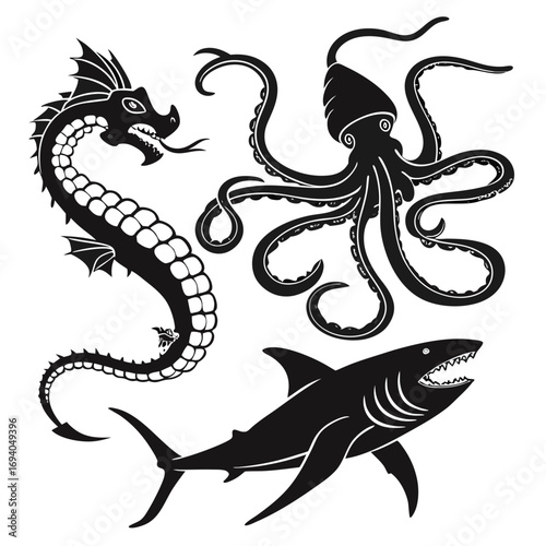Black sea monsters dragon squid shark octopus