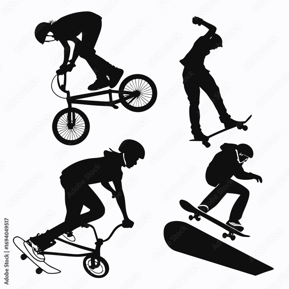 Fototapeta premium Black silhouettes extreme sports action skateboard