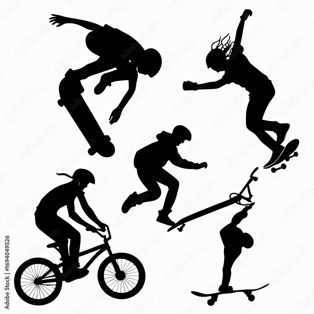Naklejka premium Black silhouettes action sports skateboard