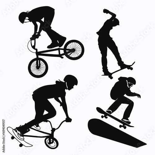 Black silhouettes extreme sports action skateboard