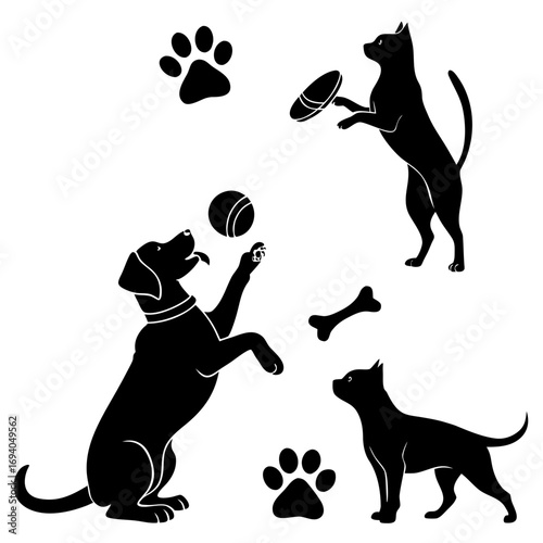 Black silhouettes of dogs and cat playing with toys