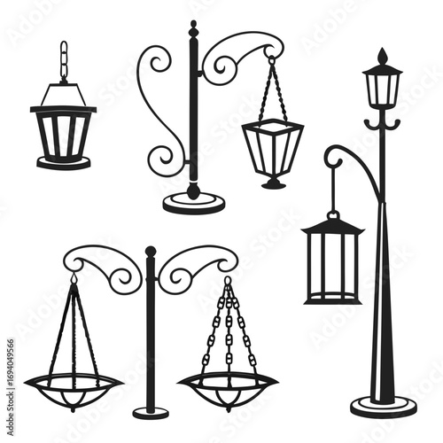 Black silhouettes of decorative lamps and candle holders