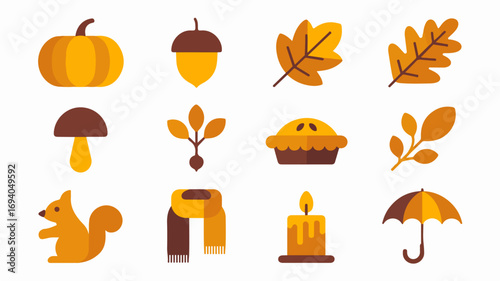 Autumn themed icons including pumpkin acorn leaf and squirrel for seasonal decoration