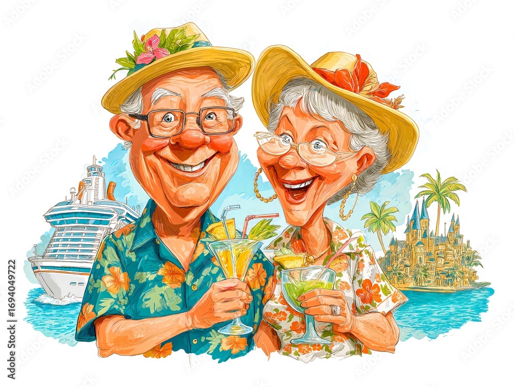 Fototapeta premium Elderly couple enjoying cocktails at tropical beach happily
