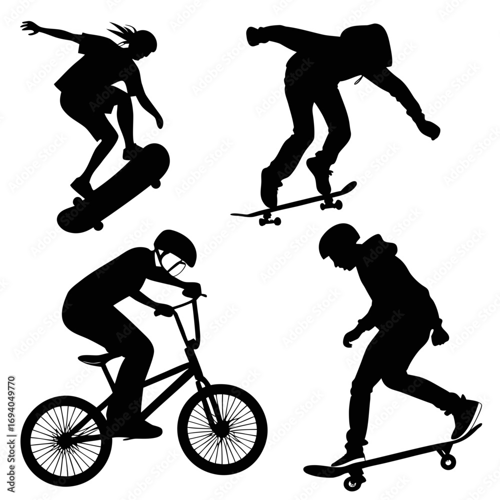 Naklejka premium Black silhouettes skateboarders and bmx riders performing tricks