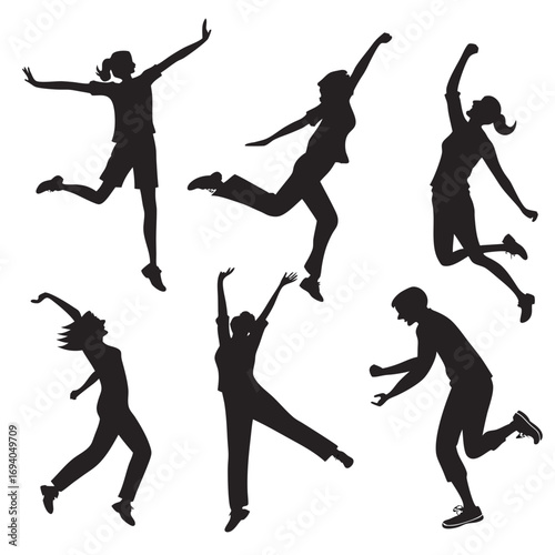 Black silhouettes of joyful people dancing figures