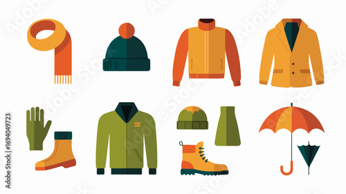 Winter clothing collection with jacket hat scarf gloves boots umbrella