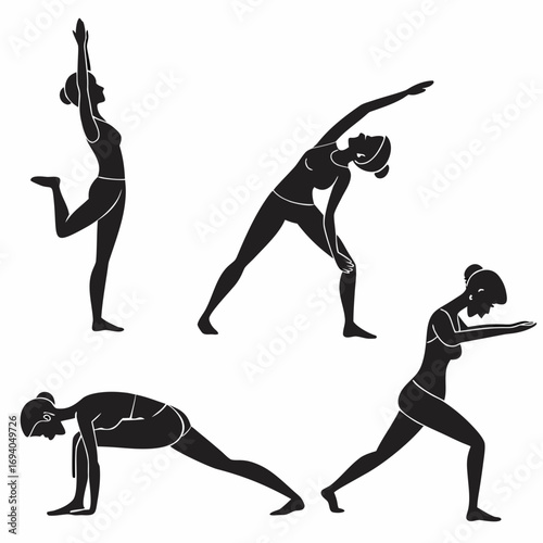Black silhouettes of women in yoga poses fitness exercise