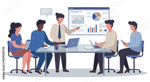 Business team meeting presentation analysis.