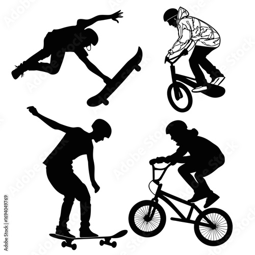 Black silhouettes skateboarders and bmx riders performing tricks