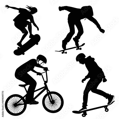 Black silhouettes skateboarders and bmx riders performing tricks