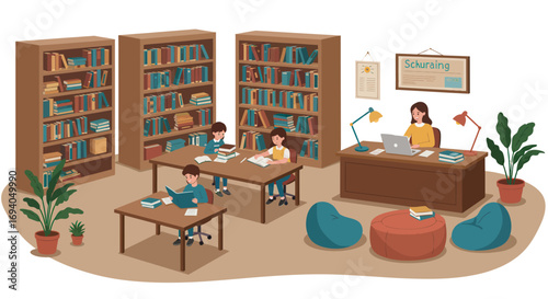 Children studying in a school library with librarian.