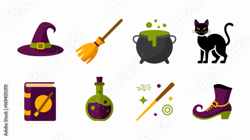 Halloween magic Halloween witch broom potion cat cauldron spell wand hat shoe