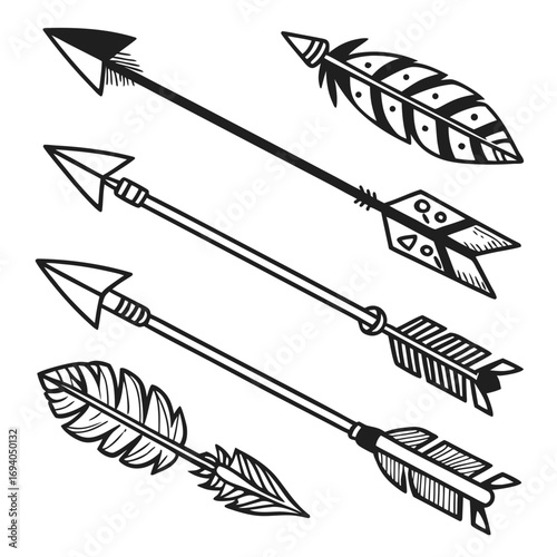 Black tribal arrows with decorative feather fletching