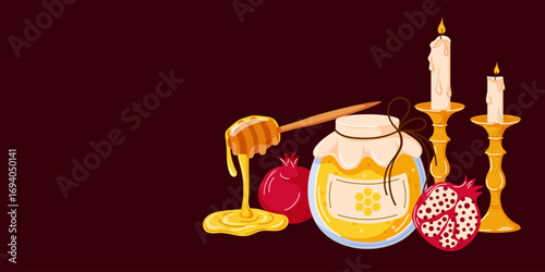 Rosh Hashanah banner with honey jar, dripping dipper, pomegranate and candle card for jewish new year celebration in cartoon.