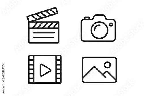 Minimalistic Line Icons Set of Clapperboard, Photo Camera, Movie Film, and Picture Frame with Editable Stroke for Cards, Apps, Banners, and Posts Vector Design